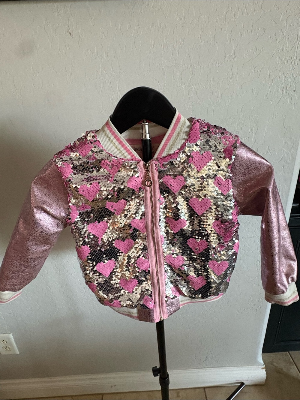 Kids Sequin Heart Bomber Jacket - Pink